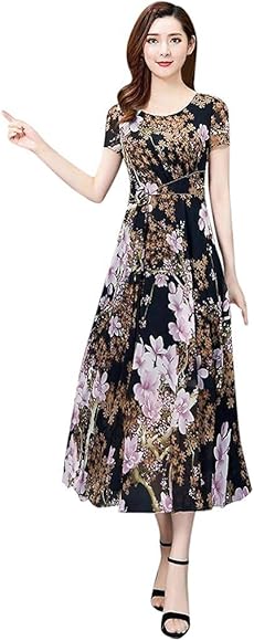 Amazon.co.jp: [lisusut] ワンピース レディース 春夏 秋 マキシ丈 半袖 ドレス Aライン ハイウエスト 着痩せ  ラウンドネック きれいめ エレガント 柔らかい サマーワンピース ゆったり 大きいサイズ 通勤 通学 外出 フェミニン リゾート 旅行 : ファッション